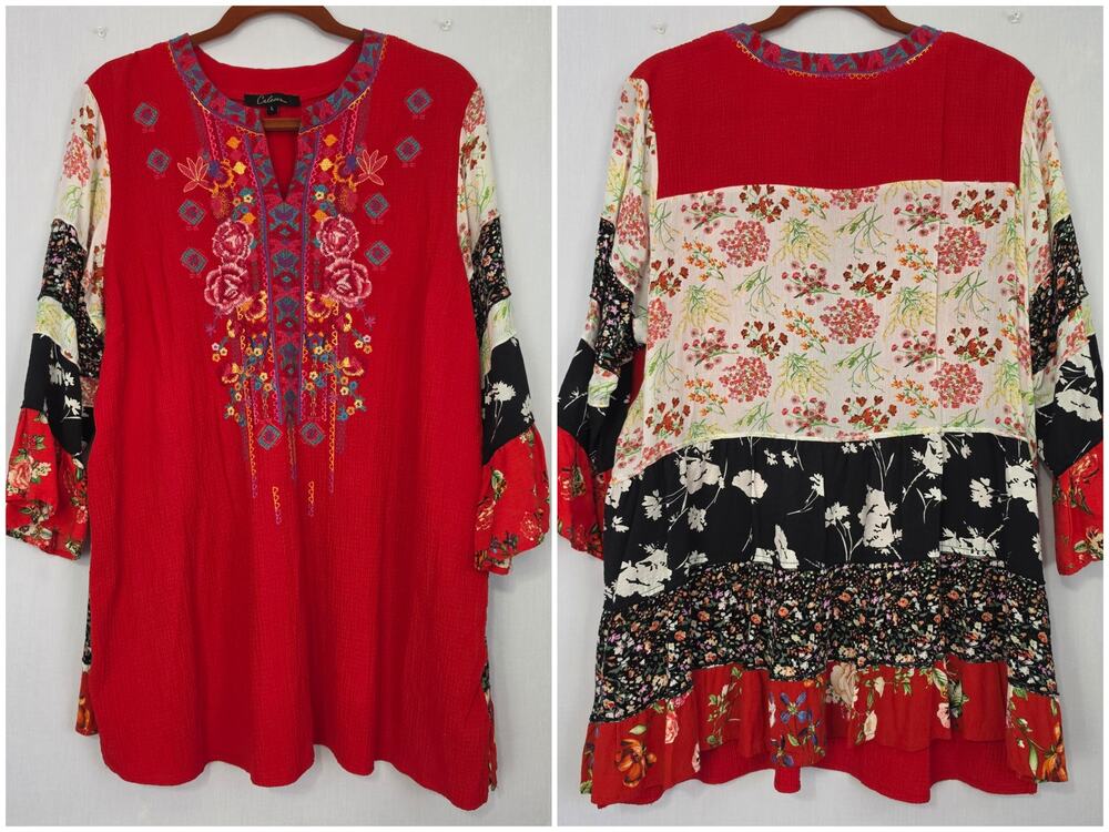 Calessa Embroidered Mixed Patchwork Print Split Neck Top sz L Artsy Boho Hippie